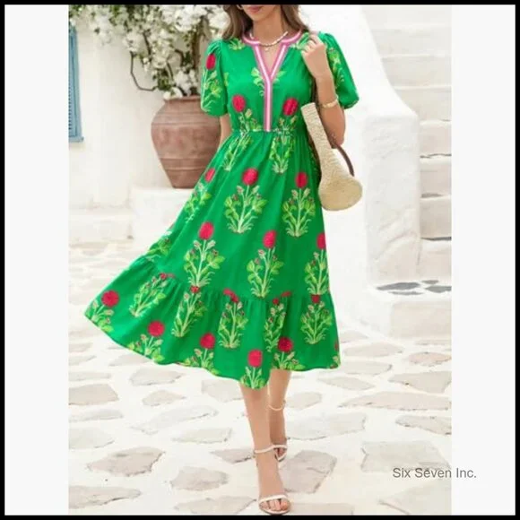 Summer Floral Maxi Dress with Puff Sleeves and V-Neck - Picture 3 of 7